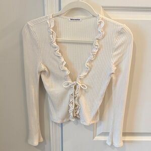 Reformation Cream Ruffle-Trim Ribbed Tie-Front Long Sleeve Top - never worn